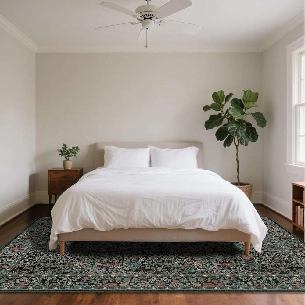 shinefly 8x10 Washable Area Rugs for Living Room, Stain Resistant Vintage Rugs for Dining Room Under Kitchen Table, Bedroom, Floral Low Pile Non-Slip Large Carpet (8 x 10 Dark Green) - Image 2