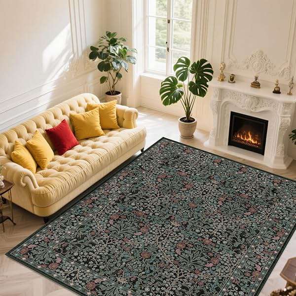 shinefly 8x10 Washable Area Rugs for Living Room, Stain Resistant Vintage Rugs for Dining Room Under Kitchen Table, Bedroom, Floral Low Pile Non-Slip Large Carpet (8 x 10 Dark Green) - Image 3