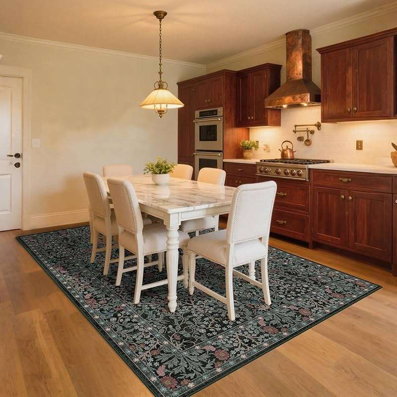 shinefly 8x10 Washable Area Rugs for Living Room, Stain Resistant Vintage Rugs for Dining Room Under Kitchen Table, Bedroom, Floral Low Pile Non-Slip Large Carpet (8 x 10 Dark Green) - Image 4