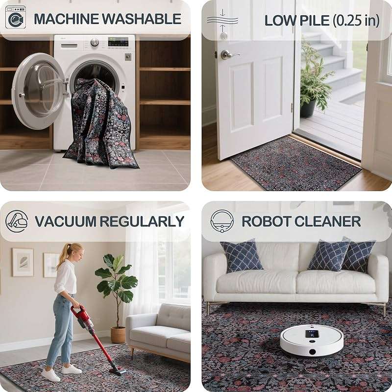 shinefly 8x10 Washable Area Rugs for Living Room, Stain Resistant Vintage Rugs for Dining Room Under Kitchen Table, Bedroom, Floral Low Pile Non-Slip Large Carpet (8 x 10 Dark Green) - Image 5