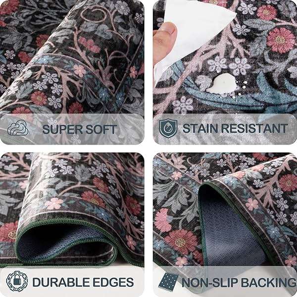 shinefly 8x10 Washable Area Rugs for Living Room, Stain Resistant Vintage Rugs for Dining Room Under Kitchen Table, Bedroom, Floral Low Pile Non-Slip Large Carpet (8 x 10 Dark Green) - Image 6