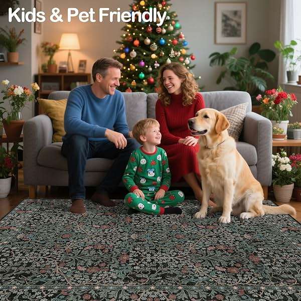 shinefly 8x10 Washable Area Rugs for Living Room, Stain Resistant Vintage Rugs for Dining Room Under Kitchen Table, Bedroom, Floral Low Pile Non-Slip Large Carpet (8 x 10 Dark Green) - Image 7