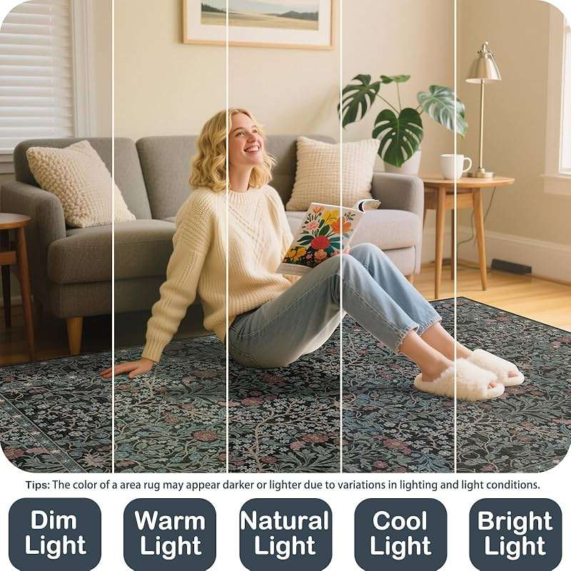 shinefly 8x10 Washable Area Rugs for Living Room, Stain Resistant Vintage Rugs for Dining Room Under Kitchen Table, Bedroom, Floral Low Pile Non-Slip Large Carpet (8 x 10 Dark Green) - Image 8