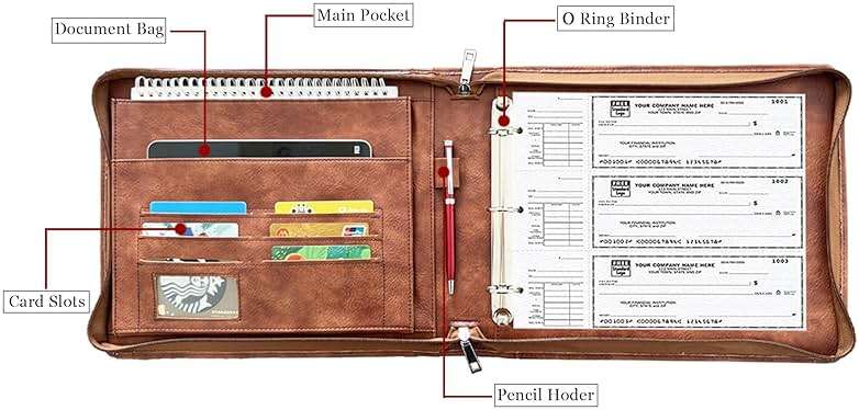 Gvalant Vegan 3-Ring Binder for Checks - Premium Checkbook Cover Fits 3/9-Ring Systems, 11.25"x9" Pilot Logbook & Executive Journal (Retro Brown, Standard) - Image 4