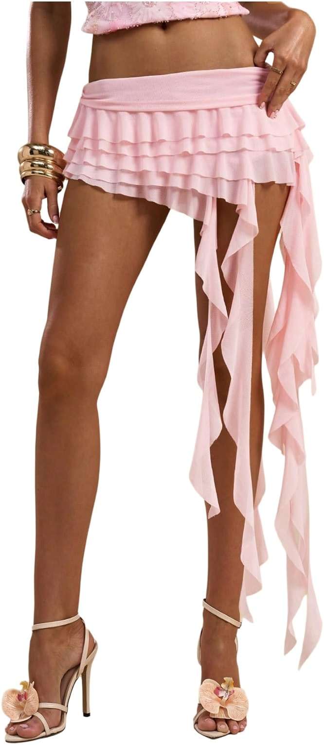 SOLY HUX Women's Mesh Irregular Ruffle Trim Layered Y2k Mini Skirt Concert Music Festival Date Outfits - Image 1