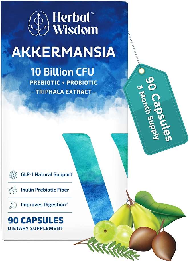 Herbal Wisdom Akkermansia Probiotic 10 Billion CFU - Advanced GLP-1 Support, Probiotic+Prebiotic | for Gut & Metabolism Support - No Bloating | with Inulin & Triphala | (90 Capsules - 3 Month Supply) - Image 1