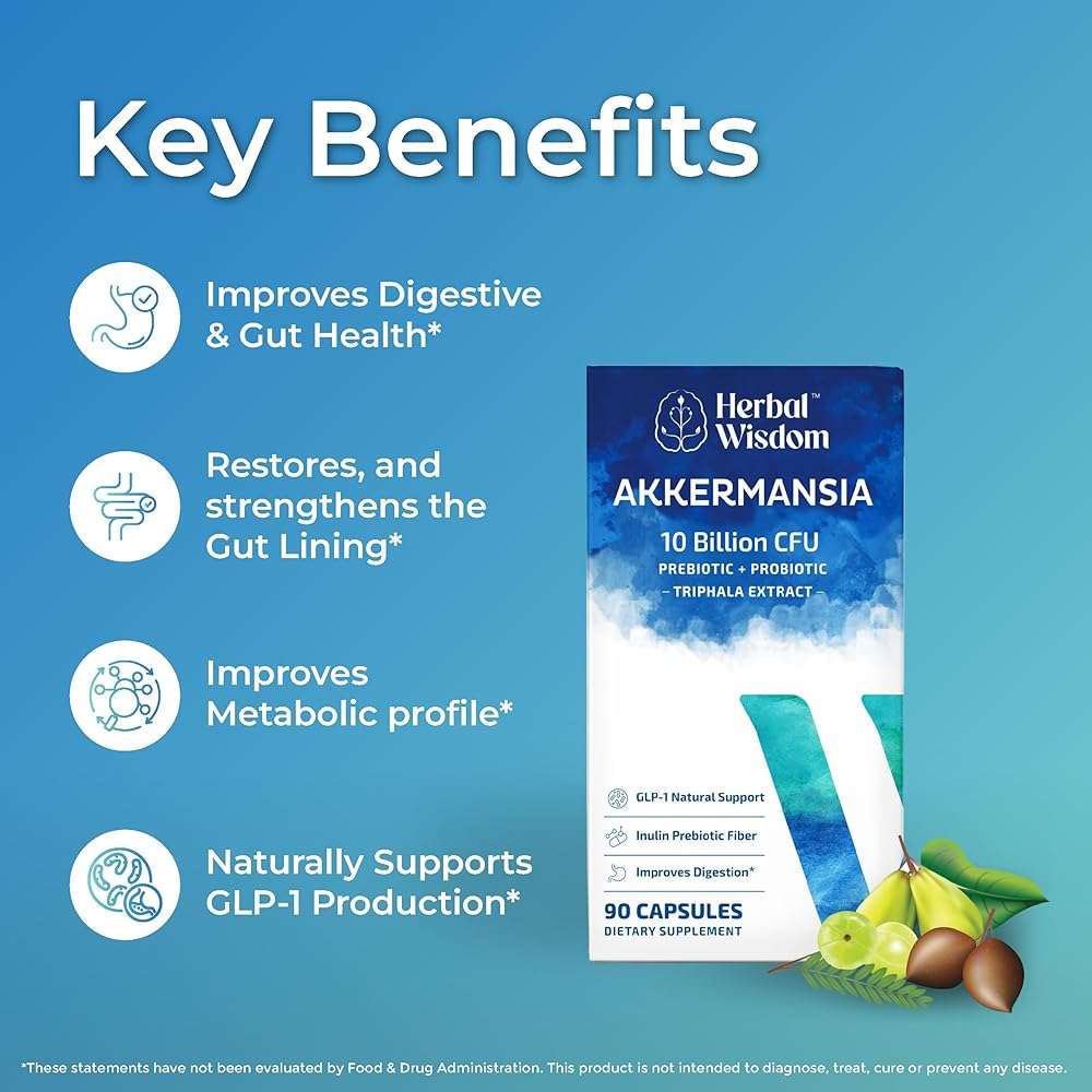 Herbal Wisdom Akkermansia Probiotic 10 Billion CFU - Advanced GLP-1 Support, Probiotic+Prebiotic | for Gut & Metabolism Support - No Bloating | with Inulin & Triphala | (90 Capsules - 3 Month Supply) - Image 2
