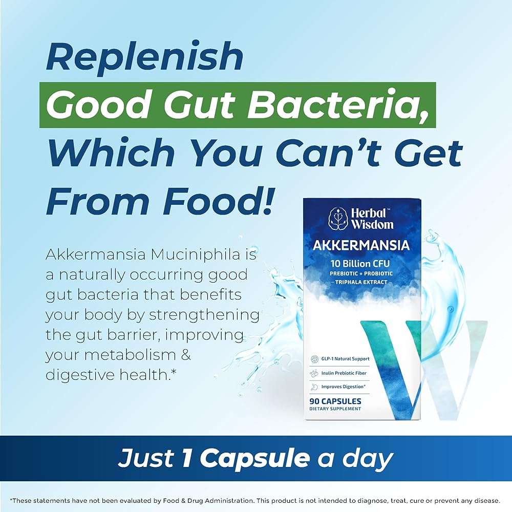 Herbal Wisdom Akkermansia Probiotic 10 Billion CFU - Advanced GLP-1 Support, Probiotic+Prebiotic | for Gut & Metabolism Support - No Bloating | with Inulin & Triphala | (90 Capsules - 3 Month Supply) - Image 3
