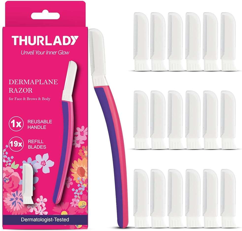 THURLADY Dermaplane Razor, Dermaplaning Tool with Microblades for Face | Eyebrow and Face Razors for Women, Exfoliating Facial Razor for Sensitive Skin, 1 Handle with 19 Refills, Fuchsia - Image 1