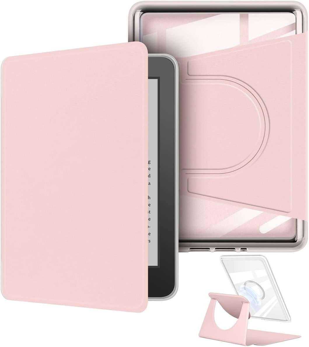 360 Degree Rotating Case for 6.8" Kindle Paperwhite (11th Generation-2021 Release), Detachable Magnetic Design Protective Adjustable Stand Cover Clear Back with Auto Sleep/Wake, Pink - Image 1