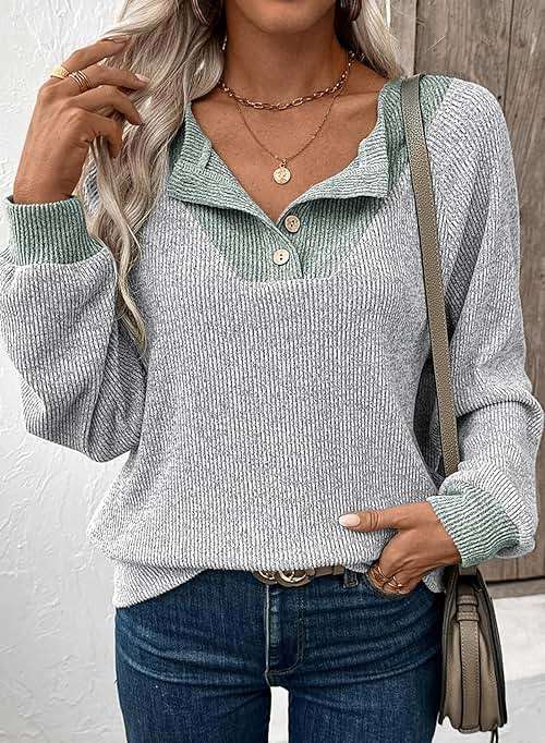 EVALESS Womens Spring Fashion 2026 Womens Long Sleeve Shirts Patchwork Button Up V Neck Sweatshirt Casual Pullover Tops - Image 3