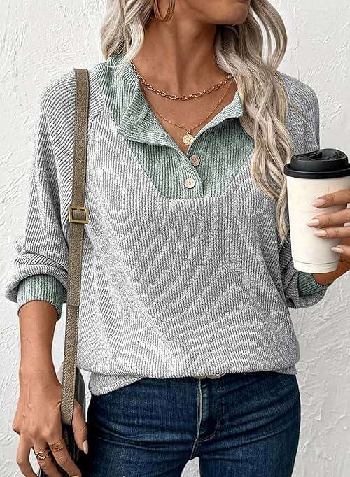 EVALESS Womens Spring Fashion 2026 Womens Long Sleeve Shirts Patchwork Button Up V Neck Sweatshirt Casual Pullover Tops - Image 5