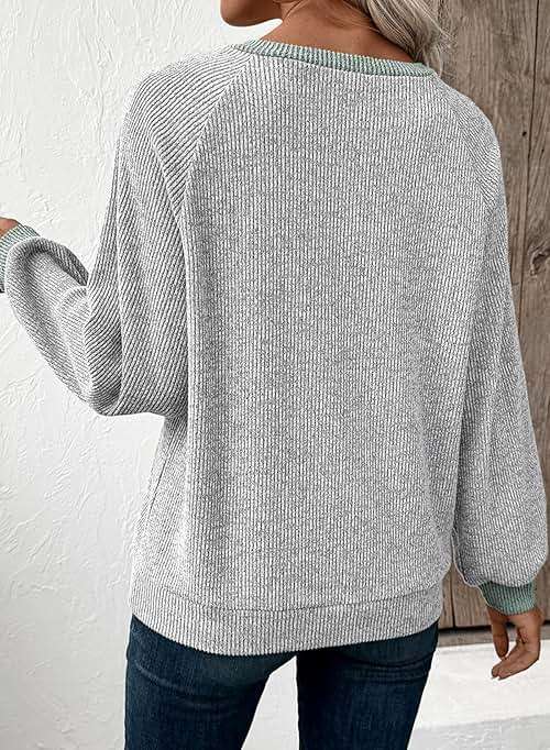 EVALESS Womens Spring Fashion 2026 Womens Long Sleeve Shirts Patchwork Button Up V Neck Sweatshirt Casual Pullover Tops - Image 6
