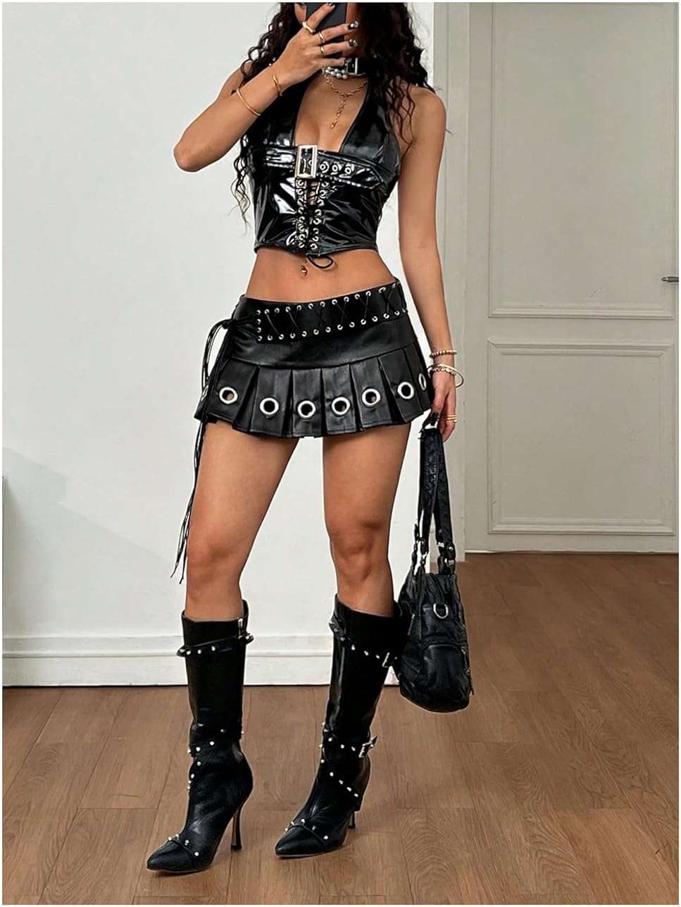 WDIRARA Women's Y2k PU Leather Low Waist Mini Skirt Eyelet Grommet Pleated Skirts - Image 5