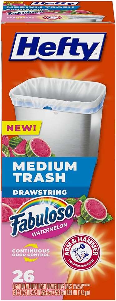 Hefty Medium Trash Bags, 8 Gallon, Fabuloso Watermelon Scented Garbage Bags with Drawstring Closure, White, 26 Count - Image 1