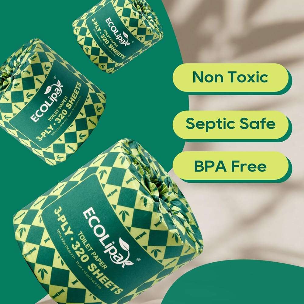 ECOLipak Bamboo Toilet Paper 3 Ply, Septic Safe Toilet Tissue, 12 Double Rolls, 320 Sheets Per Roll, Tree Free, Non Toxic, Soft and Absorbent, Eco Friendly Dye-Free Paper, Brown - Image 2