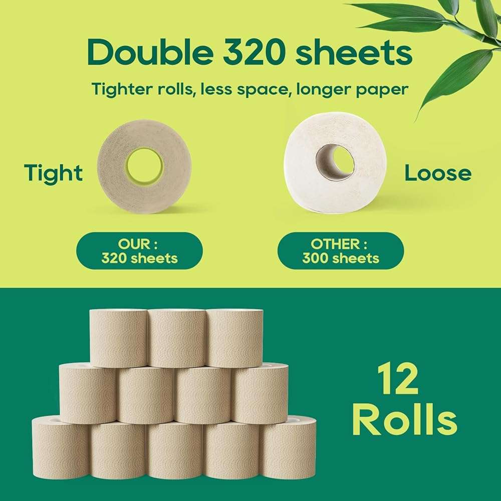 ECOLipak Bamboo Toilet Paper 3 Ply, Septic Safe Toilet Tissue, 12 Double Rolls, 320 Sheets Per Roll, Tree Free, Non Toxic, Soft and Absorbent, Eco Friendly Dye-Free Paper, Brown - Image 5