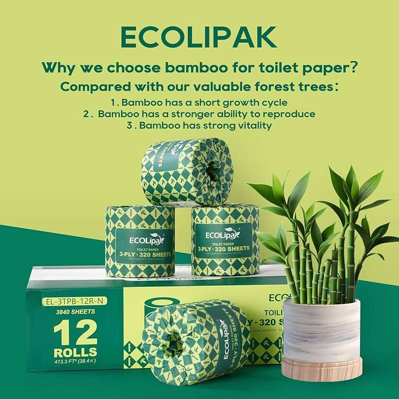 ECOLipak Bamboo Toilet Paper 3 Ply, Septic Safe Toilet Tissue, 12 Double Rolls, 320 Sheets Per Roll, Tree Free, Non Toxic, Soft and Absorbent, Eco Friendly Dye-Free Paper, Brown - Image 7