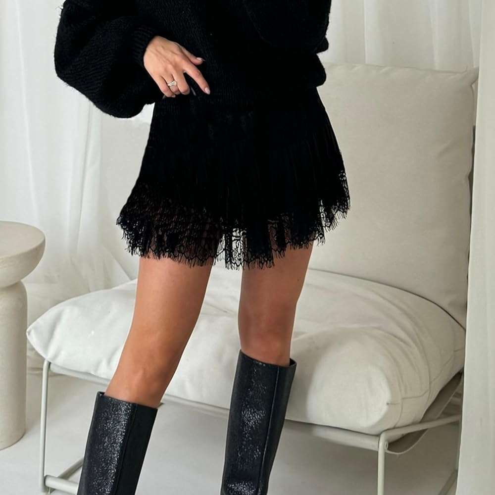 Women Lace Slip Skirt Ruffle Pleated Layered Y2k Flowy Skort with Built in Shorts - Image 5