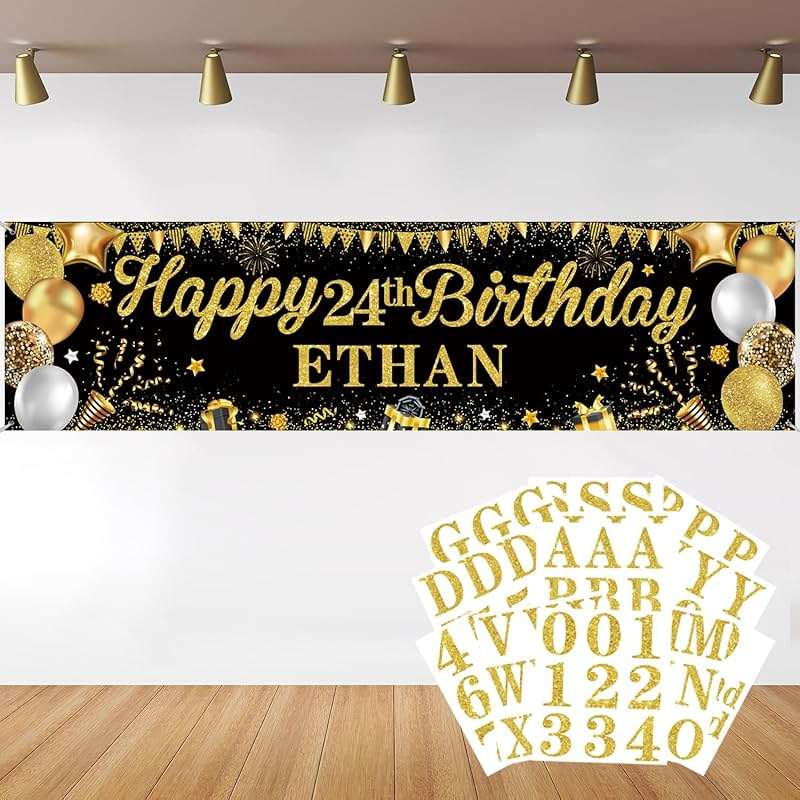 Personalized Birthday Banner for Party, with Name & Ages Option-Custom DIY Alphabet & Numbers Stickers Birthday Party Backdrop Indoor/Outdoor Celebrations (Black Gold) - Image 1