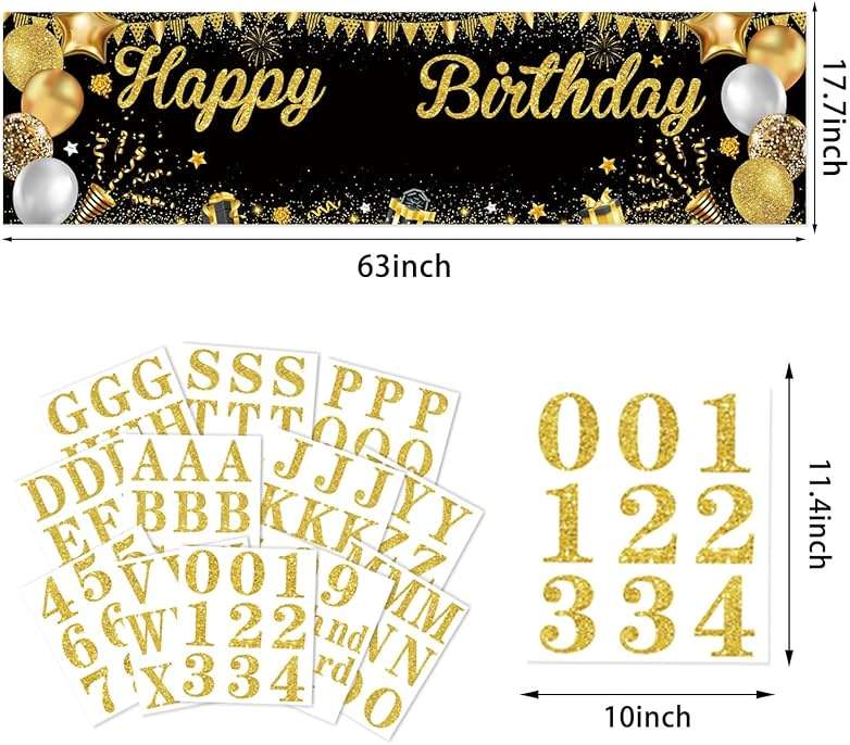 Personalized Birthday Banner for Party, with Name & Ages Option-Custom DIY Alphabet & Numbers Stickers Birthday Party Backdrop Indoor/Outdoor Celebrations (Black Gold) - Image 2
