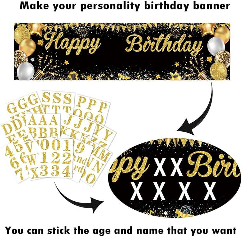 Personalized Birthday Banner for Party, with Name & Ages Option-Custom DIY Alphabet & Numbers Stickers Birthday Party Backdrop Indoor/Outdoor Celebrations (Black Gold) - Image 6