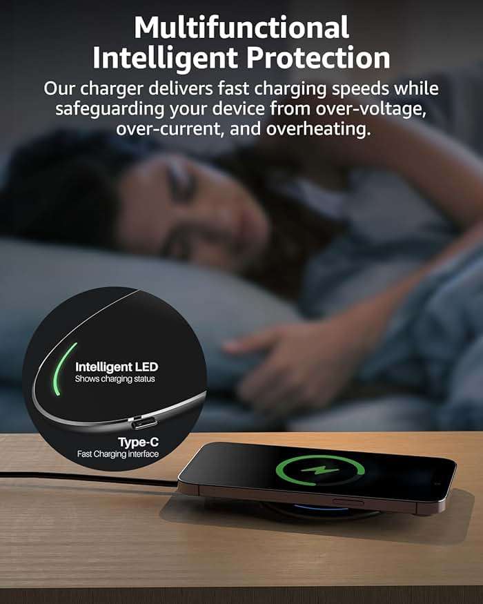 TOZO W1 New 15W Max Fast Wireless Charger, Anti-Slip, Sleep-Friendly, Upgrade Fast Charging Pad Compatible with iPhone 17/17 Pro/17 Pro Max/Air/16/15/14/SE Series, Samsung Galaxy S25/S24/S23, Black - Image 6