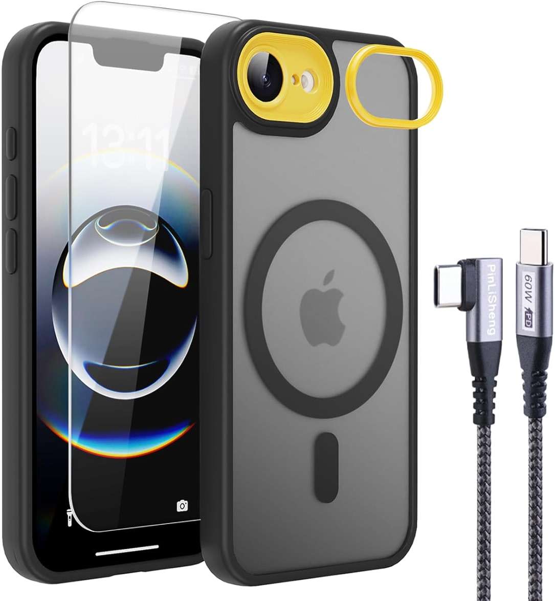 4 in 1 Magnetic for iPhone 16e/17e Case [with 1X Screen Protector, Braided Cable, Removable Lens Case] [Mil-Grade Drop Protection] Shockproof Slim Translucent Matte Protective Phone Case, Black - Image 1