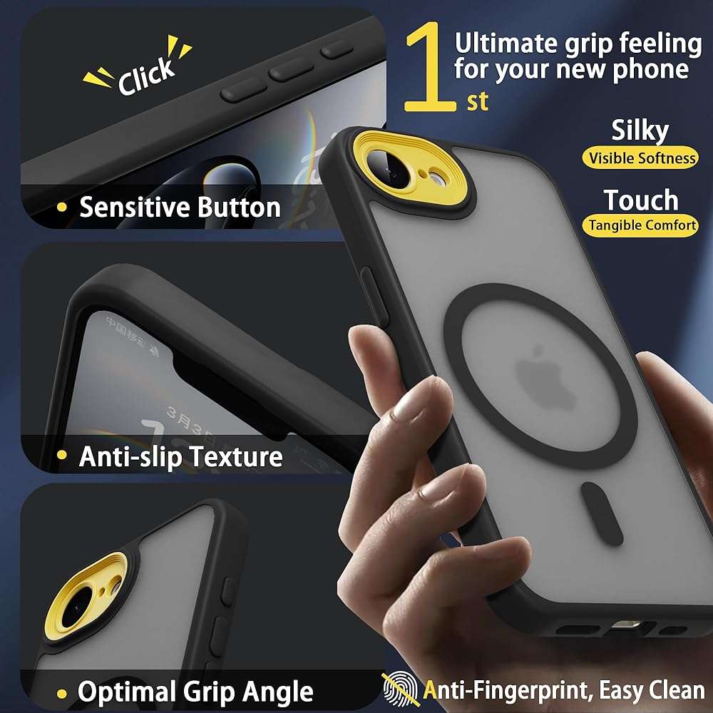 4 in 1 Magnetic for iPhone 16e/17e Case [with 1X Screen Protector, Braided Cable, Removable Lens Case] [Mil-Grade Drop Protection] Shockproof Slim Translucent Matte Protective Phone Case, Black - Image 4
