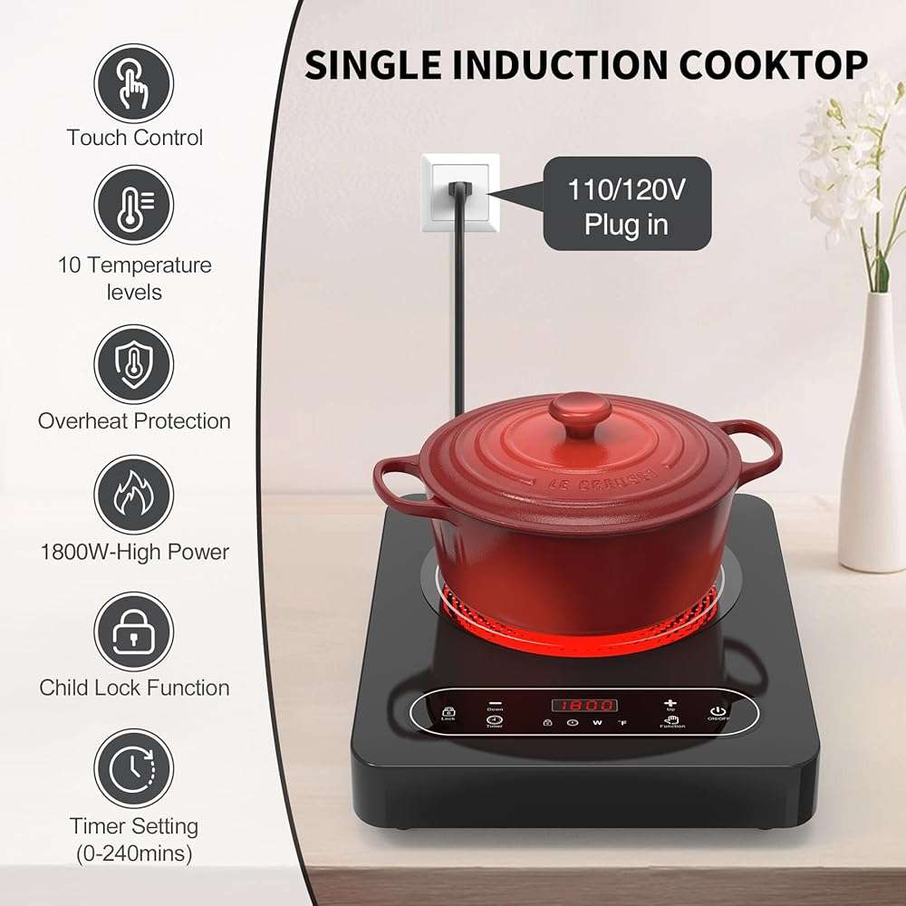 VBGK Single Burner Electric Cooktop,110V 1800W Electric Stove Top with LED Touch Control,10 Power Levels, 4 hTimer, Safety Lock,Portable cooktop,Overheat protection - Image 4