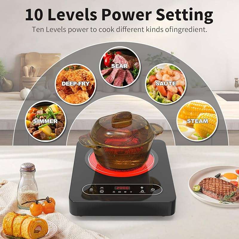 VBGK Single Burner Electric Cooktop,110V 1800W Electric Stove Top with LED Touch Control,10 Power Levels, 4 hTimer, Safety Lock,Portable cooktop,Overheat protection - Image 5