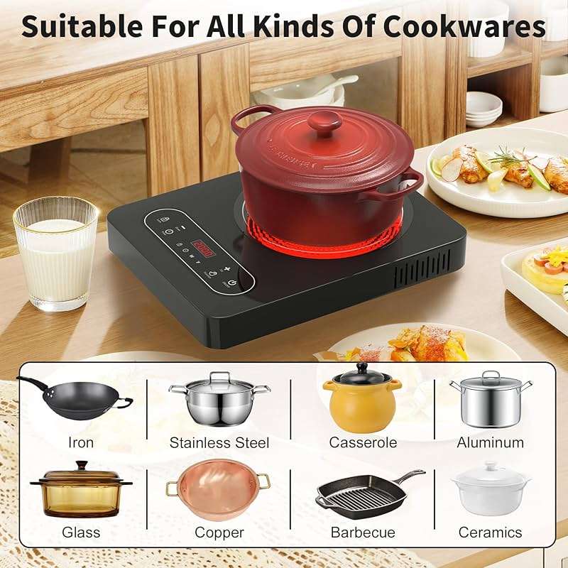 VBGK Single Burner Electric Cooktop,110V 1800W Electric Stove Top with LED Touch Control,10 Power Levels, 4 hTimer, Safety Lock,Portable cooktop,Overheat protection - Image 6