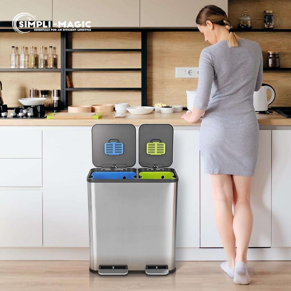 Simpli-Magic 18.5 Gallon (40L x 30L) Dual Compartment Step Trash Can – Kitchen Garbage Can with Waste & Recycling Bins – Slow-Close Lid, Odor Control, Hands-Free, Stainless Steel - Image 2
