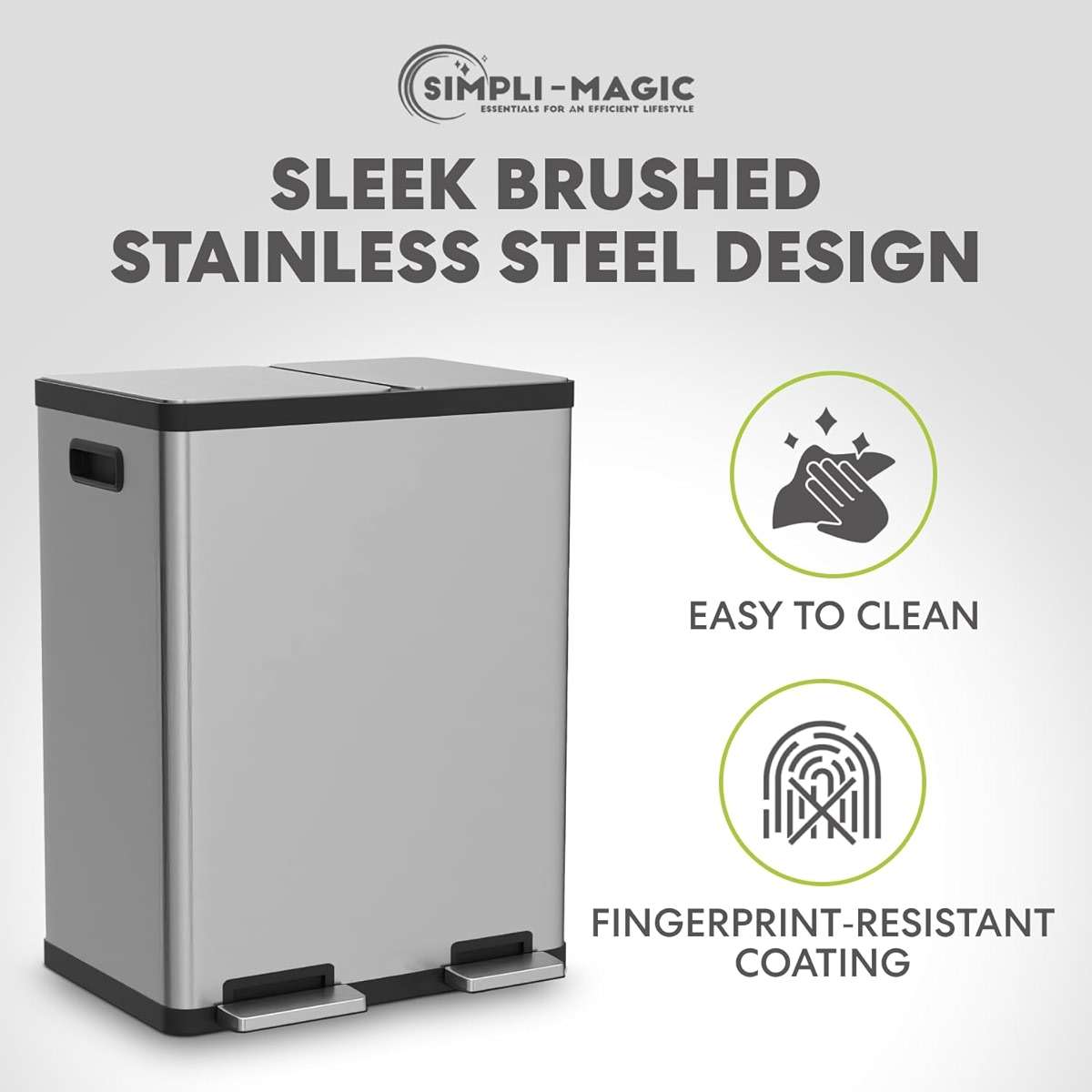 Simpli-Magic 18.5 Gallon (40L x 30L) Dual Compartment Step Trash Can – Kitchen Garbage Can with Waste & Recycling Bins – Slow-Close Lid, Odor Control, Hands-Free, Stainless Steel - Image 7
