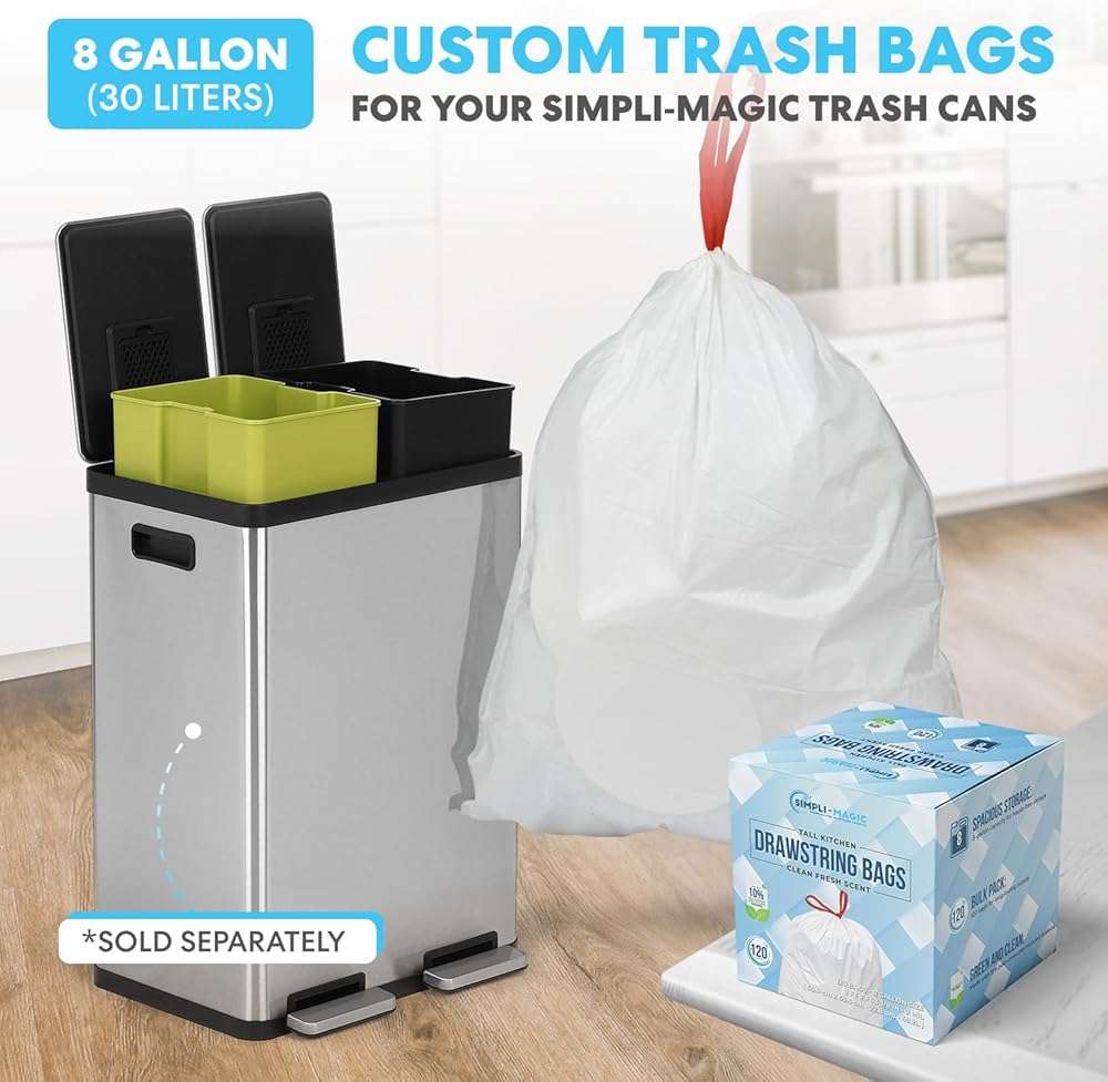 Simpli-Magic 18.5 Gallon (40L x 30L) Dual Compartment Step Trash Can – Kitchen Garbage Can with Waste & Recycling Bins – Slow-Close Lid, Odor Control, Hands-Free, Stainless Steel - Image 9