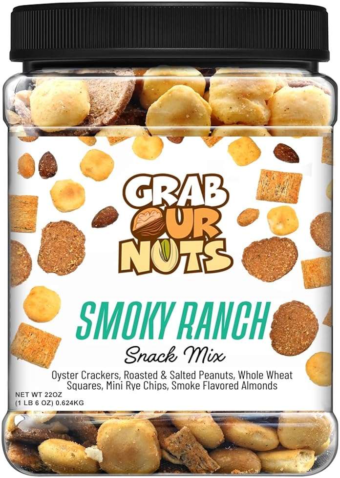Grab Our Nuts Smoky Ranch Snack Mix 32 Oz Jar - Oyster Crackers, Roasted Peanuts, Whole Wheat Squares, Mini Rye Worcestershire Bagel Chips, Smoke Flavored Almonds - Image 1