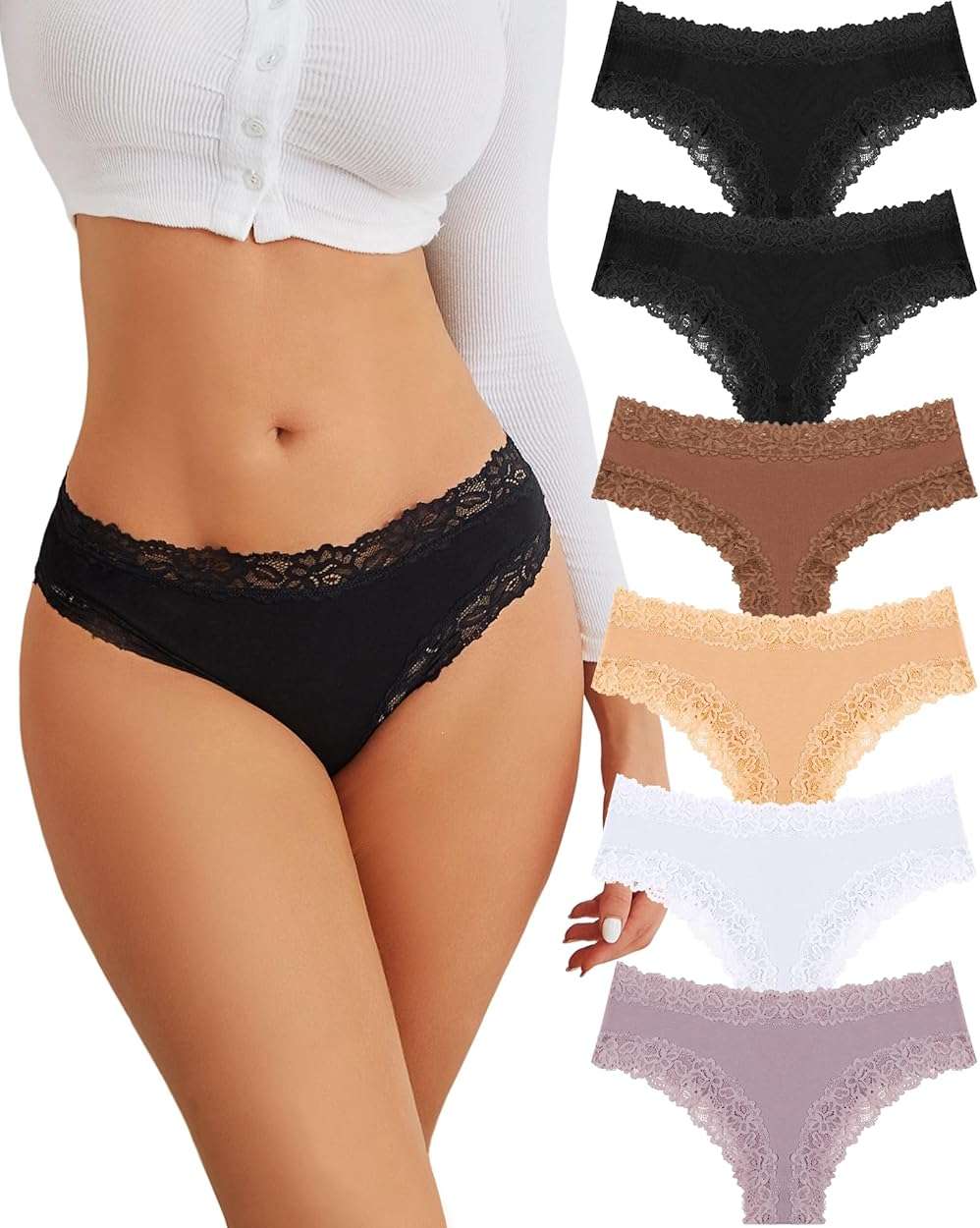 FINETOO Cotton Underwear for Women Sexy Panties Lace Hipster Low Rise Breathable Womens Cheeky 6 Pack S-XL - Image 1