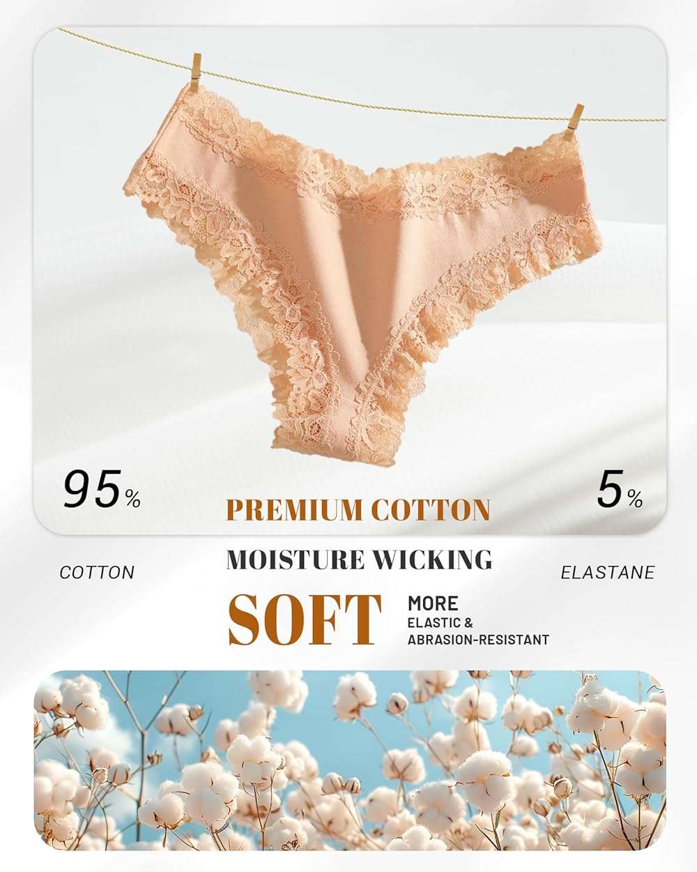 FINETOO Cotton Underwear for Women Sexy Panties Lace Hipster Low Rise Breathable Womens Cheeky 6 Pack S-XL - Image 5