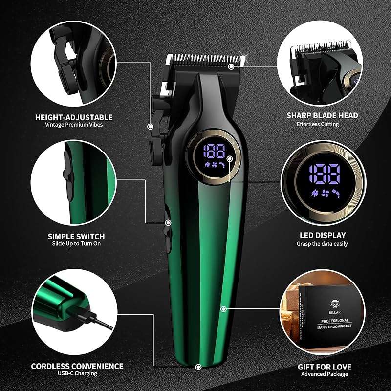 BILLAR Professional Hair Clipper for Men Hair Cutting Kit Men's Beard Trimmer Hair Trimmer Shaver Cordless Barber Clippers and Trimmers（Green） - Image 2
