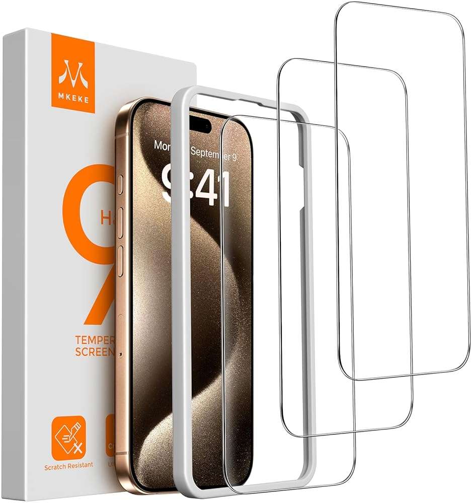 Mkeke 3 Pack Screen Protector for iPhone 15 Pro Max 6.7", [9H+ Tempered Glass] [Easy Installation Frame] [Military-Grade Drop Protection] HD Clear, Anti-Scratch, Bubble Free - Image 1