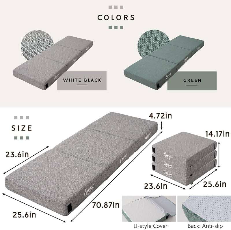 EMOOR 2-Way Splittable Napping Mattress 3-Pcs 25.6x70.9x4.7in High Density Foam Gray, Versatile Floor Cushion Stool Washable Cover - Image 3