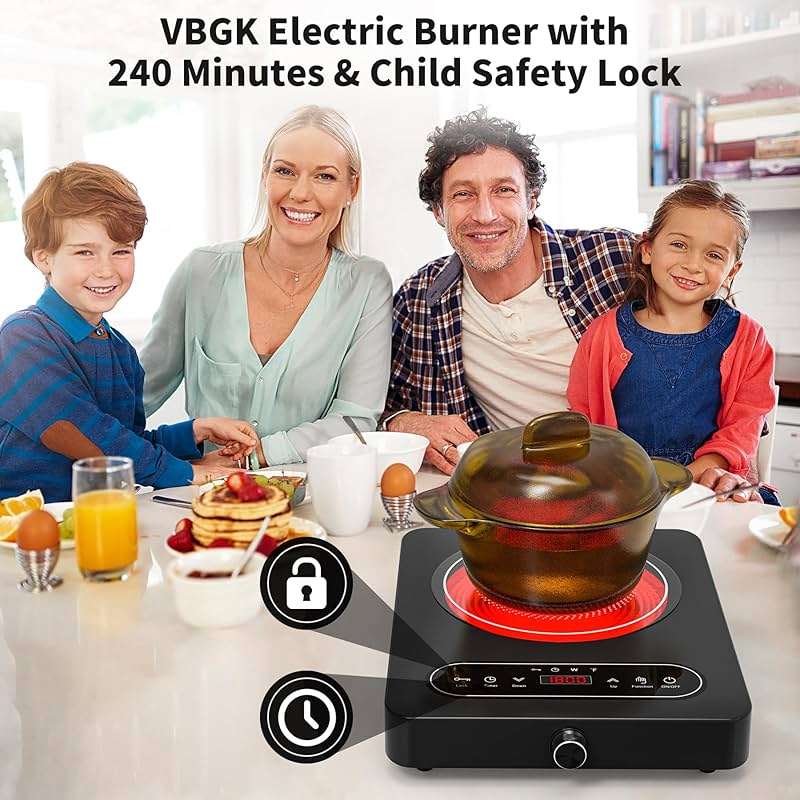 VBGK Single Burner Electric Cooktop, 110V 1800W Electric Cooktop with LED Touch Controls and Knob Controls, 10 Power Levels, 4-Hour Timer, Safety Lock, Single Burner Overheat Protection - Image 3