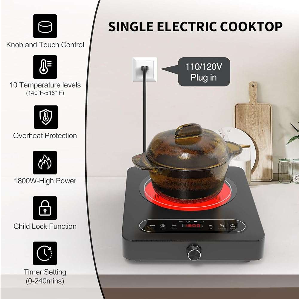 VBGK Single Burner Electric Cooktop, 110V 1800W Electric Cooktop with LED Touch Controls and Knob Controls, 10 Power Levels, 4-Hour Timer, Safety Lock, Single Burner Overheat Protection - Image 4