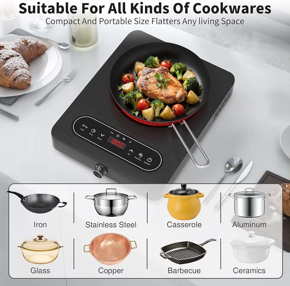 VBGK Single Burner Electric Cooktop, 110V 1800W Electric Cooktop with LED Touch Controls and Knob Controls, 10 Power Levels, 4-Hour Timer, Safety Lock, Single Burner Overheat Protection - Image 5