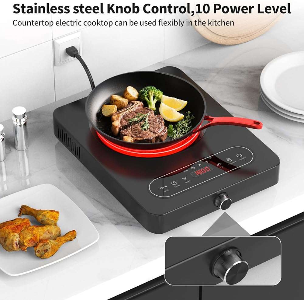 VBGK Single Burner Electric Cooktop, 110V 1800W Electric Cooktop with LED Touch Controls and Knob Controls, 10 Power Levels, 4-Hour Timer, Safety Lock, Single Burner Overheat Protection - Image 6