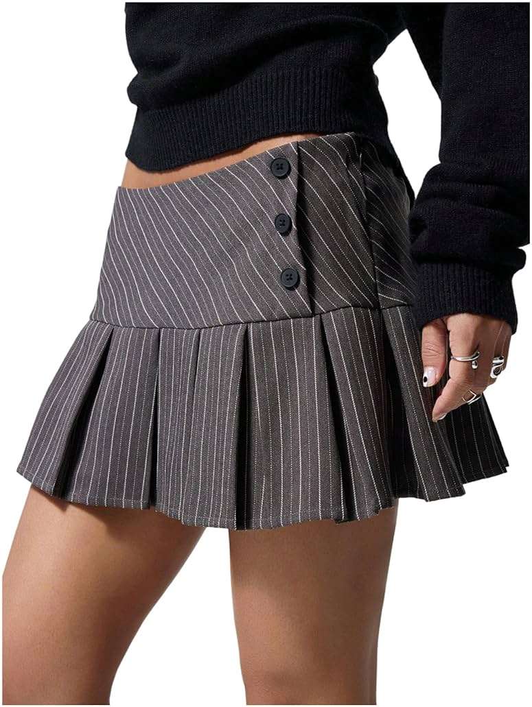 Floerns Women's Striped Pleated Micro Mini Skirts Low Waist Button Side Uniform A Line Skirt - Image 1