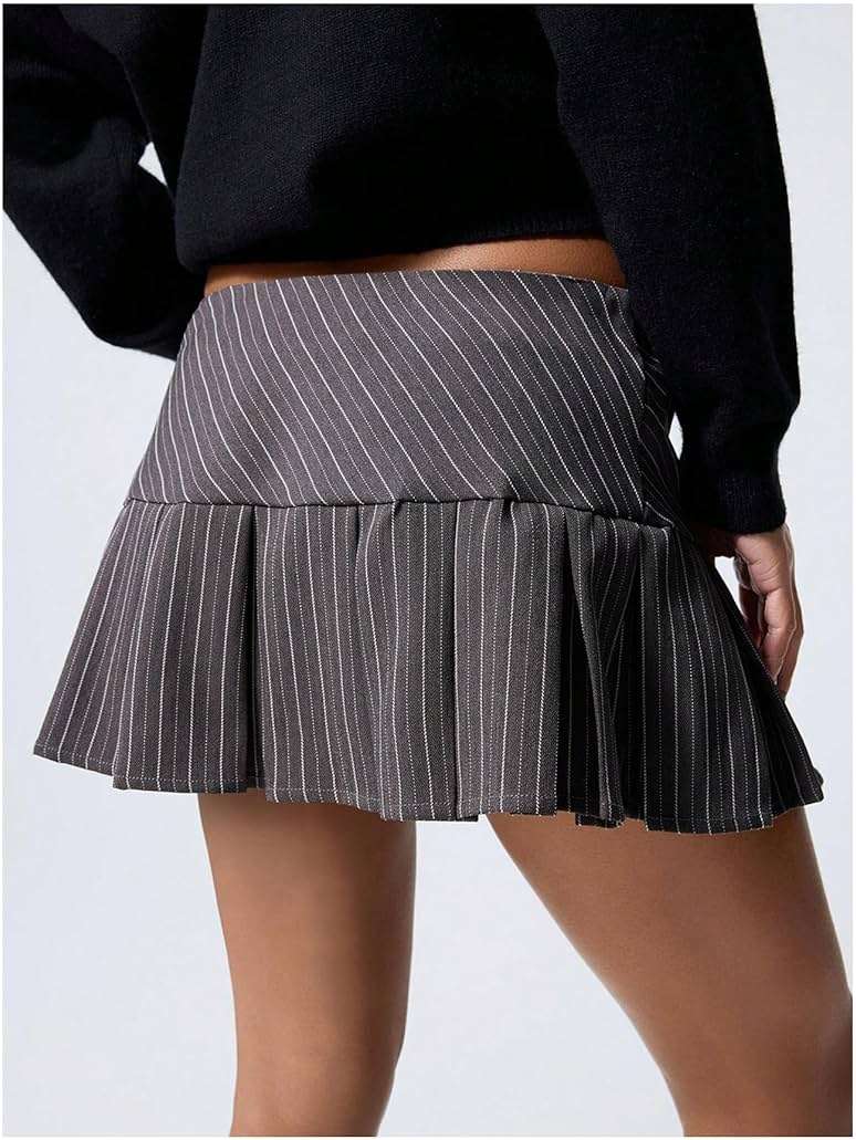 Floerns Women's Striped Pleated Micro Mini Skirts Low Waist Button Side Uniform A Line Skirt - Image 2