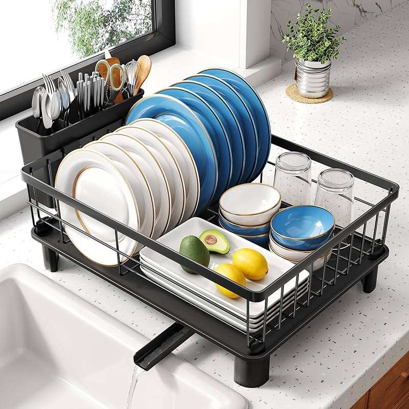 SNTD Dish Drying Rack - Space-Saving Dish Rack for Kitchen Counter, Stainless Steel Dish Drainer with Utensil Holder and Drainboard, 11" W x 15" L (Black) - Image 1