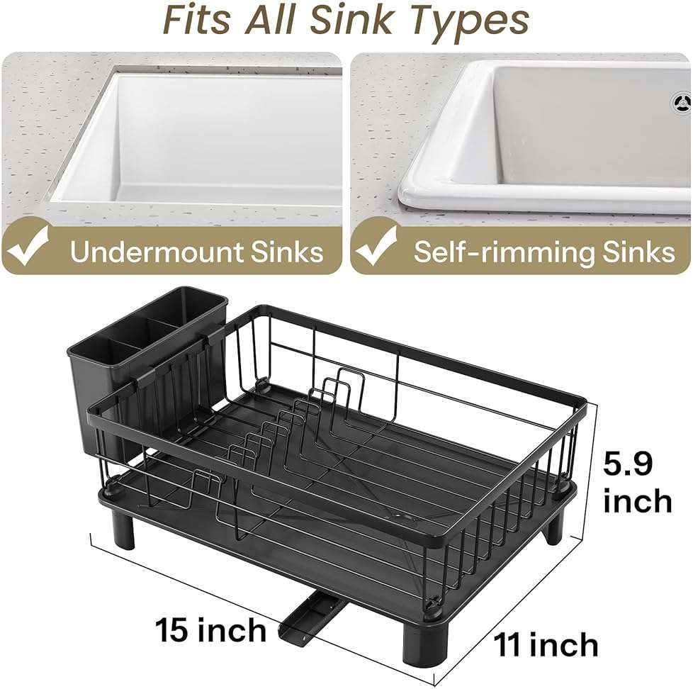 SNTD Dish Drying Rack - Space-Saving Dish Rack for Kitchen Counter, Stainless Steel Dish Drainer with Utensil Holder and Drainboard, 11" W x 15" L (Black) - Image 2