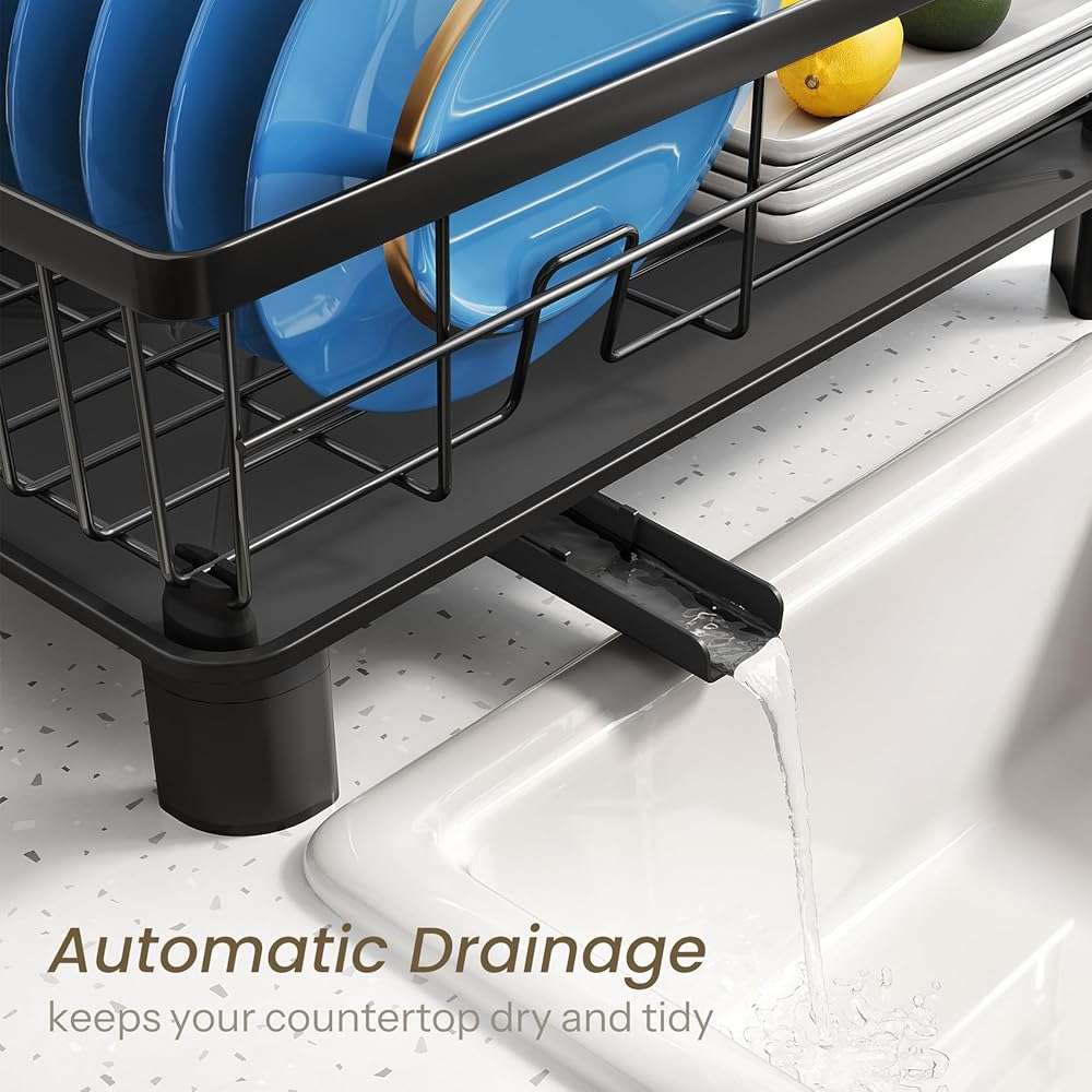 SNTD Dish Drying Rack - Space-Saving Dish Rack for Kitchen Counter, Stainless Steel Dish Drainer with Utensil Holder and Drainboard, 11" W x 15" L (Black) - Image 4